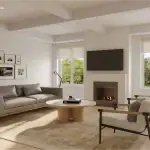 Modern living room interior at Heartwood Village featuring a minimalist fireplace with a wall-mounted TV, coffered ceilings, a grey leather sofa, and large windows offering views of lush greenery.