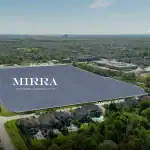 Aerial map view of the Mirra Towns development site at Brooklin Vue, highlighted between Baldwin St, Columbus Rd W, and Camber Court, near Brooklin High School and Highway 407.