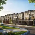 Streetscape view of Mirra Towns showing modern three-story townhomes with brick and siding exteriors, glass balconies, and manicured front lawns under a bright sky.