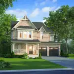 Architectural rendering of a luxury two-story single-family home at Summersides Village in Fonthill, featuring a light brick exterior, dark gabled roof, two-car garage, and a covered front porch surrounded by professional landscaping.