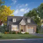 A traditional bungalow-style detached home at Summersides Village featuring a red brick exterior, a single-car garage, and a dark shingled roof with two front-facing dormer windows. The property includes a manicured lawn and lush landscaping under a bright blue sky.