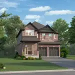 A two-story detached home rendering in Summersides Village with a red brick facade, dark siding accents, and a double-car garage. The house features multiple gables and large windows, situated on a 40-foot lot with a paved driveway and surrounding greenery.