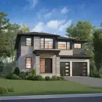 Modern 45-foot detached home at Summersides Village showcasing a contemporary design with light grey stone masonry, dark grey horizontal siding, and a flat-style roofline. The home includes a double-car garage with vertical window panels and large, sleek black-framed windows.