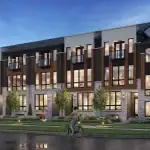 Exterior architectural rendering of Thornhill Heights luxury townhomes featuring modern brick, wood accents, and large windows at dusk.