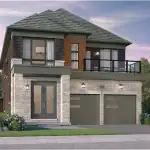 A 36-foot detached home by Brookfield Residential in Midhurst Valley, featuring a contemporary design with a second-story balcony, dark brick accents, and a double-car garage.