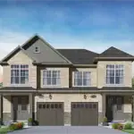 Exterior rendering of a Geranium semi-detached home in Midhurst Valley, featuring light brick and stone siding, two separate front entrances, and dark grey double garage doors.