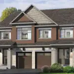 Sundance semi-detached home model at Midhurst Valley, showcasing a modern red brick and light stone facade with large windows and a covered front porch.