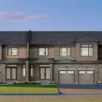 Architectural rendering of a modern townhome block at Newbrook with brick and wood-style siding and private garages.