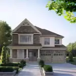 Exterior rendering of the Scanlon floor plan at Queen's Landing, showing a traditional two-story brick home with a double car garage, covered front porch, and manicured landscaping.