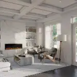 Bright and modern living room at Queen's Landing featuring a coffered ceiling, a sleek linear electric fireplace set in a floor-to-ceiling marble wall, and built-in shelving.