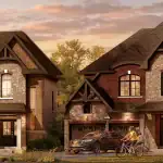 A wide-angle panoramic streetscape of Sharon Village at sunset, showcasing a row of luxury detached brick and stone homes with professional landscaping and residents enjoying the neighborhood.