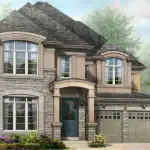 Front elevation of a Springside Trails 44' luxury detached home with a natural stone and stucco exterior, featuring two arched dormer windows and a spacious two-car garage.