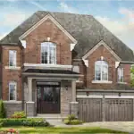 Traditional architectural rendering for a 44' detached model at Springside Trails, highlighting a classic red brick and grey stone finish, prominent gables, and a grand pillared porch entry.
