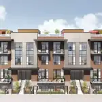 Architectural rendering of Spruce Trails modern townhomes featuring large floor-to-ceiling windows, private balconies, and landscaped rooftop terraces with umbrellas.