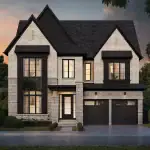 Contemporary executive home at Millcroft The Legacy, featuring a striking white brick facade with black architectural accents, large floor-to-ceiling windows, and a modern two-car garage.