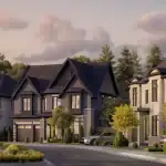 Architectural rendering of a luxury streetscape at Millcroft The Legacy in Burlington, showcasing a row of high-end, multi-story detached homes with stone facades and professional landscaping at dusk.