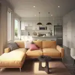 Modern living room interior at Time in Ajax showcasing a tan sectional sofa, large windows for natural light, dark wood-style flooring, and an adjacent kitchen.