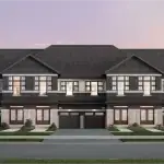 Architectural rendering of the Classic Collection street townhomes at Vellore Trails, showcasing a two-story dark brick and light stone facade with dark-trimmed windows, built-in garages, and manicured front walkways.