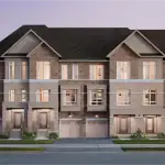 Architectural rendering of the Designer Collection street townhomes at Vellore Trails by Arista Homes, featuring a multi-story traditional brick and stone exterior with elegant gables, light-colored garage doors, and covered entryways.