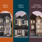 A comparison of three townhouse styles at Vellore Trails: Urban Towns, Street Towns, and Designer Street Towns, showcased in arched frames against orange, teal, and plum backgrounds.