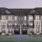 Architectural rendering of modern urban townhomes at Vellore Trails by Arista Homes, featuring a three-story exterior with grey brick, light stone accents, glass balconies, dark garage doors, and large windows under a dusk sky.