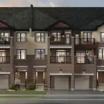 Architectural rendering of WestHaven at Country Lane modern three-storey townhomes featuring red brick exteriors, private balconies, and integrated garages at dusk.