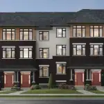 Exterior rendering of WestHaven luxury townhouses with dark brick facades, white accents, and distinctive red front doors, showing a family biking on the sidewalk.