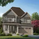Exterior rendering of a two-story detached single-family home in Avondale Village, highlighting a craftsman-style design with grey and beige siding, a two-car garage, front porch entryway, and lush green landscaping surrounded by pink blossoms.