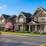 Architectural rendering of a residential streetscape in the Avondale Village community, showcasing a row of modern two-story detached homes and townhouses with gabled roofs, stone accents, manicured lawns, and blooming pink cherry blossom trees under a blue sky.
