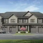 Exterior architectural rendering of modern multi-unit townhomes in Avondale Village, featuring grey siding, gabled rooflines, stone veneer accents, built-in garages, and a landscaped front yard with a pink cherry blossom tree.