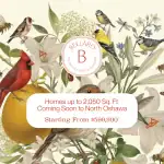 Treasure Hill promotional graphic for Bellaro in North Oshawa, featuring a vintage botanical illustration with various birds, flowers, and bees. A central text overlay reads: "Homes up to 2,050 Sq. Ft. Coming Soon to North Oshawa. Starting From $599,900*". The Bellaro circle logo with a large letter 'B' sits in the center.