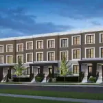 Exterior rendering of Kingshaven modern brown brick and light stone townhouses featuring black window frames, covered front entryways with pillars, landscaped front lawns, and a clear blue sky.