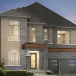 Architectural rendering of a luxury 45-foot detached two-story house by Aspenridge Homes in Mayfield Village, showcasing a contemporary facade with grey stone, light brick accents, large modern windows, a double-car garage, and warm interior lighting during sunset.