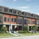 Modern red brick and dark gray three-story townhouses at The Elms of Thornhill Woods development, featuring landscaped front yards, contemporary black-framed windows, and a resident jogging on the sidewalk.