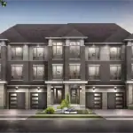 Architectural rendering of a modern three-story townhouse block at The Ridge at Rutherford, featuring dark brick and stone exteriors, multiple garages, large windows, and landscaped front yards.