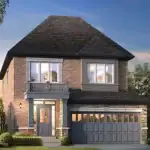 Architectural rendering of a two-story detached brick home with a grey two-car garage, a small front porch balcony, and a dark shingled hip roof at The Trails at Carson's Creek.