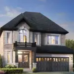 Exterior rendering of a luxury detached house at The Trails at Carson's Creek, showcasing a light stone facade, a double-door front entrance with a black balcony above, and a two-car garage.
