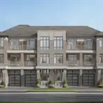 Rendering of a luxury townhouse complex at Thornhill Trails, featuring a light grey brick and stone facade with warm wood-look panels, glass balconies, and built-in garages under a clear blue sky.