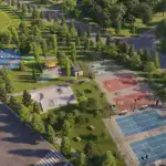 Aerial architectural rendering of Wildfield Village community park featuring a cricket field, splash pad, playground, skatepark, basketball and tennis courts, surrounded by lush green trees.