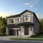 Exterior architectural rendering of a contemporary two-story detached house in Wildfield Village with a grey brick facade, covered front porch, and a two-car garage.