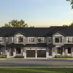 Architectural rendering of modern grey brick townhomes in Wildfield Village with dark shingle roofs, built-in garages, and manicured front lawns under a clear sky.