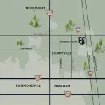 Regional location map for Founders Walk of Stouffville, illustrating its proximity to Highway 48, Bethesda Side Rd, HWY 404, Markham, and Richmond Hill.