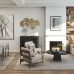 Interior design rendering of an open-concept living and dining room at The Enclave, featuring a modern fireplace, minimalist furniture, neutral rugs, and large windows with natural light.