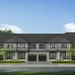 Architectural front elevation rendering of a block of multi-unit townhouses at The Enclave by Cachet, highlighting grey brick exteriors, dark garage doors, and neat landscaping under a blue sky.