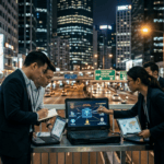 An editorial photo captures a four-person investigative team on a city overpass at night, intensely examining complex, interconnected data on rugged laptops. The central screen displays a transaction visualization graph showing linked icons for 'DSJEX,' 'TETHER,' and 'BINANCE,' illustrating frozen funds and laundry. Neon city lights and blurred traffic provide a dramatic urban backdrop. The team uses a stylus and notebooks to track the financial trail of the scheme's collapse, emphasizing the collaborative and localized effort to investigate the cross-chain fraud.