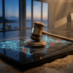 A high-end editorial conceptual photograph focusing on a heavy wooden judicial gavel resting atop a cracked, dark marble slab that features an illuminated global digital map. Red, pulsing warning nodes appear on the map across different international regions, symbolizing multi-jurisdictional regulatory actions. The setting is a minimalist, modern interior at twilight, with floor-to-ceiling windows showing a distant coastal city skyline reminiscent of Honolulu, Hawaiʻi. In the background, three silhouetted corporate figures walk up a dimly lit staircase, capturing the gravity of legal investigation and intensifying oversight.