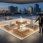 An editorial photograph of a modern, glass-walled observation deck overlooking the illuminated skyline of Manila at dusk, symbolizing the regulated 'SEC sandbox' environment. Two business professionals, a man and a woman in tailored suits, stand over a large, illuminated display table. Inside the glass-encased table, glowing holographic miniature structures of buildings and digital networks are under development within real sand, representing crypto asset intermediary technology. The scene has a high-tech, cinematic quality with soft ambient light, capturing a moment of serious analysis and collaboration. Other professionals are blurred in the background, out of focus. The focus is sharp on the central display and the foreground subjects. The mood is sophisticated, focused, and futuristic but grounded in a specific city environment.}