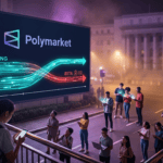A wide night shot of a bustling urban plaza featuring people using smartphones beneath a large digital screen displaying illuminated cyan and orange data streams that split, symbolizing platform path segregation under soft atmospheric lighting.
