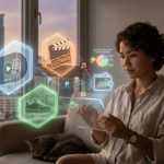 A young woman sits on a couch in a high-rise apartment at sunset, interacting with a futuristic, holographic interface floating above a transparent tablet. The interface displays glowing digital icons representing music (a microphone and record), film (a clapperboard), and merchandise (a sneaker and TM logo). Data streams connect these asset icons to a digital wallet graphic. A cat is curled up next to her, and the windows show an urban skyline featuring an SM building, suggesting a location in the Philippines. The scene visualizes a modern concept of digital asset management or investing.