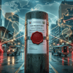 An editorial-style photograph looking down a wet, rain-slicked street in Manila during the evening. A central concrete pillar features a large, red wax seal clamping down an official document titled “CEASE AND DESIST ORDER” directed at “BG WEALTH SHARING LTD.” Above the pillar, a glowing digital world map shows glowing red lines connecting Manila to Hawaii and other international hubs, indicating broader scrutiny. The street scene includes distinct Filipino elements such as jeepneys and pedestrians with umbrellas, all illuminated by dramatic, warm streetlights and red abstract digital blocks that visually obstruct certain cross-border connections.